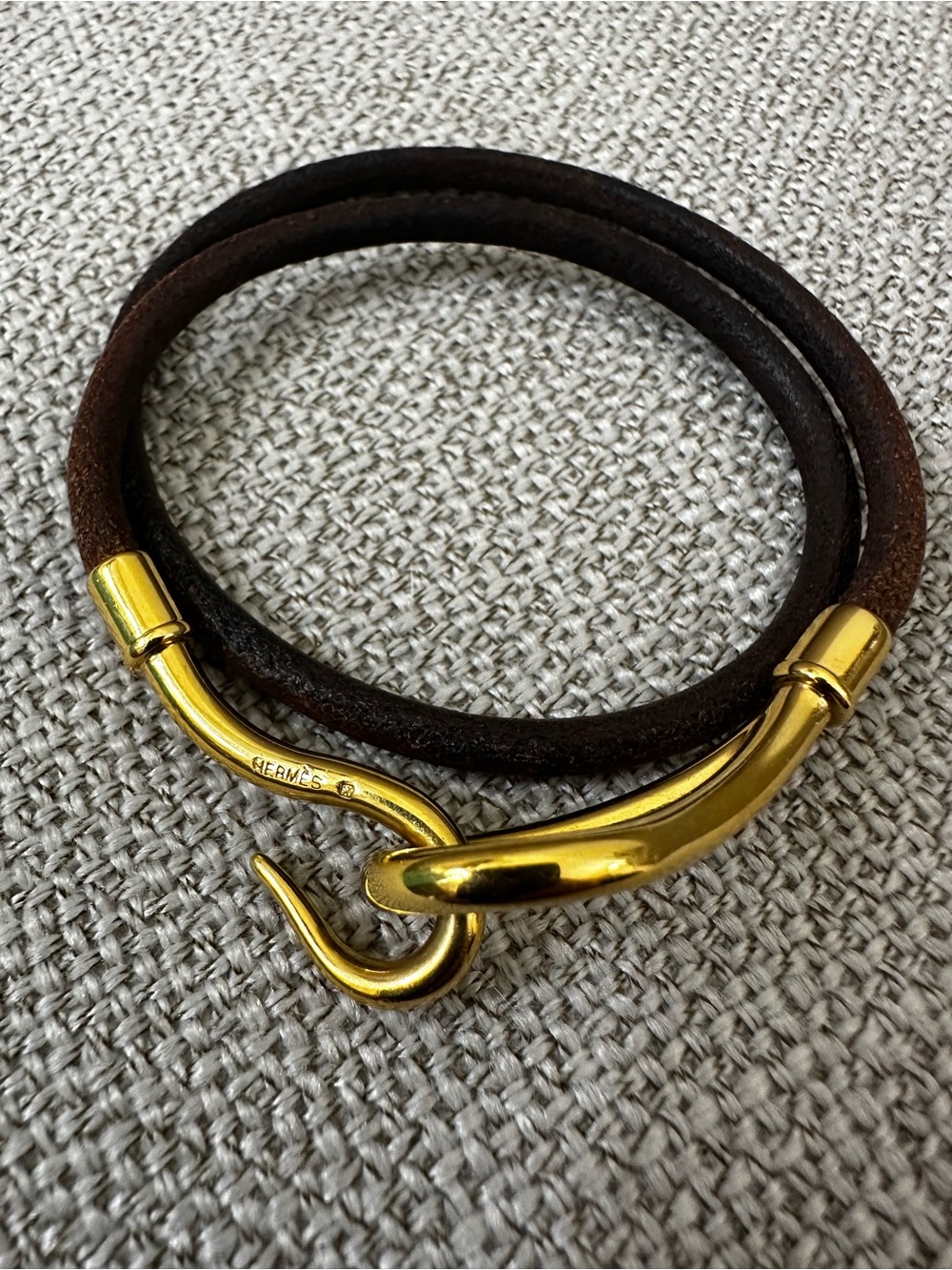 Authentic Hermes Gold-Tone Hook Bracelet with double loop Brown Leather